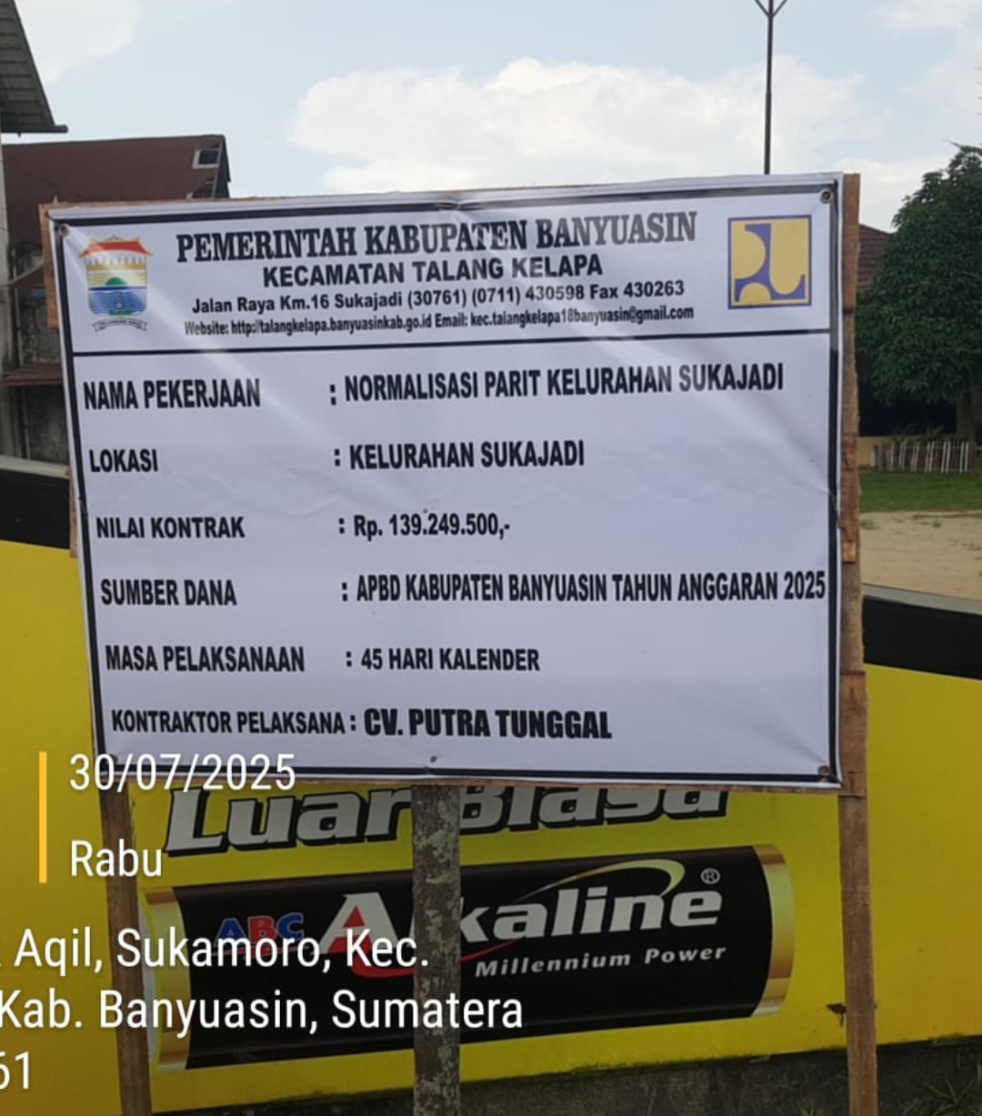 Diduga Menyesatkan Publik, Proyek Normalisasi Parit Berplang “Kota Palembang” Berlokasi di Kabupaten Banyuasin