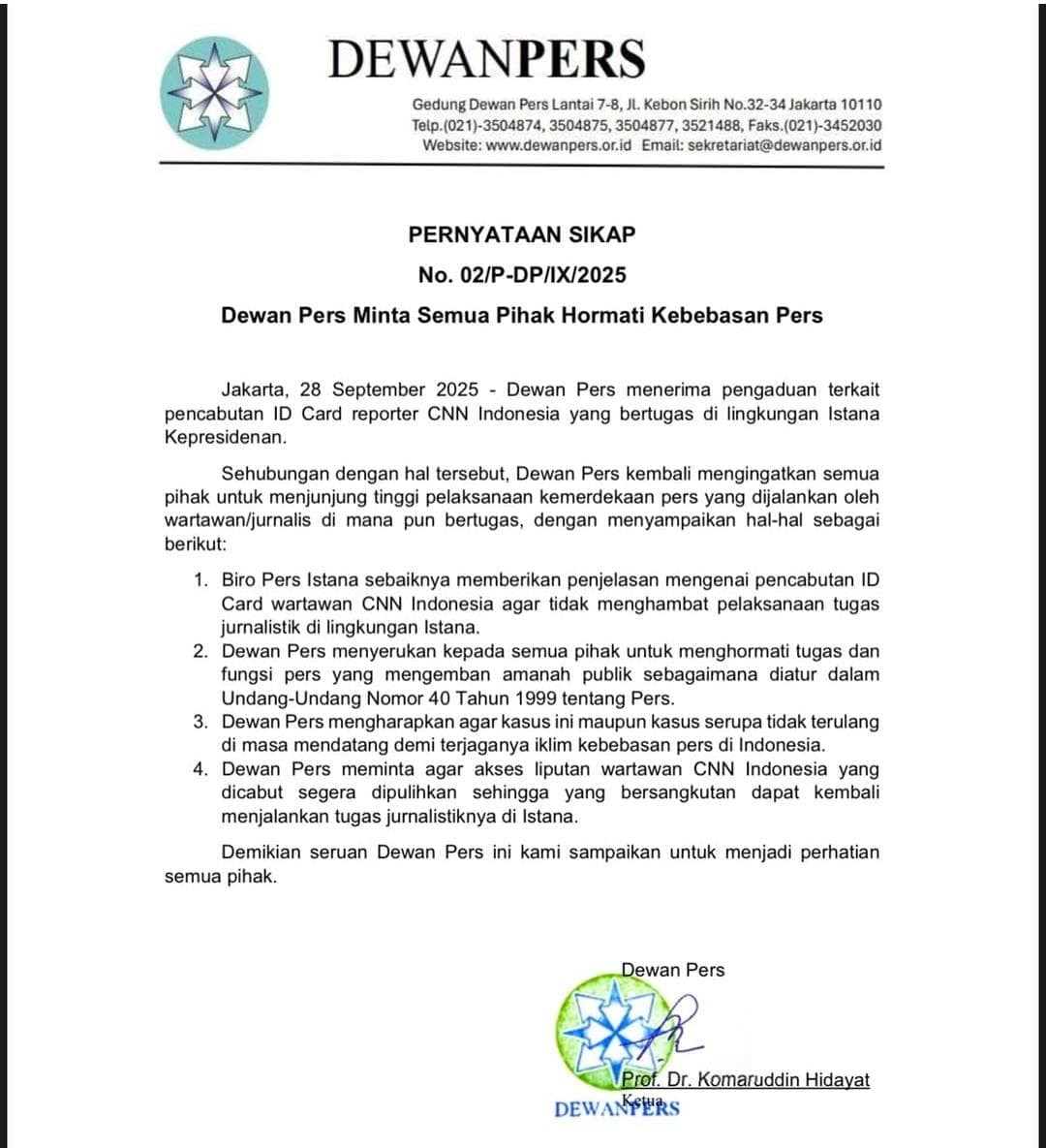 PWI Pusat Prihatin Pencabutan Kartu Liputan Istana Wartawan CNN Indonesia