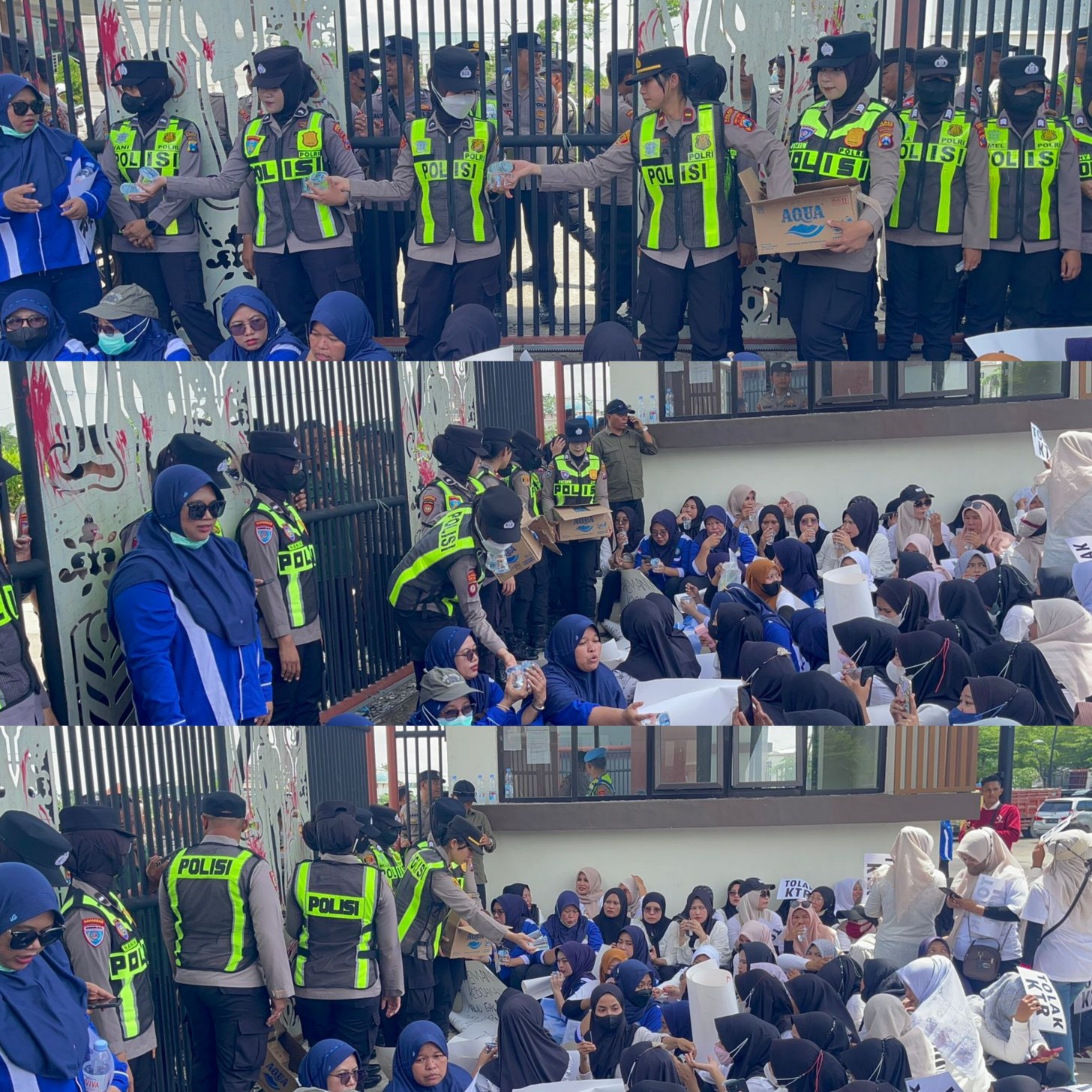 Aksi Humanis: Polwan Bojonegoro Berbagi Air Mineral kepada Massa Unjuk Rasa.