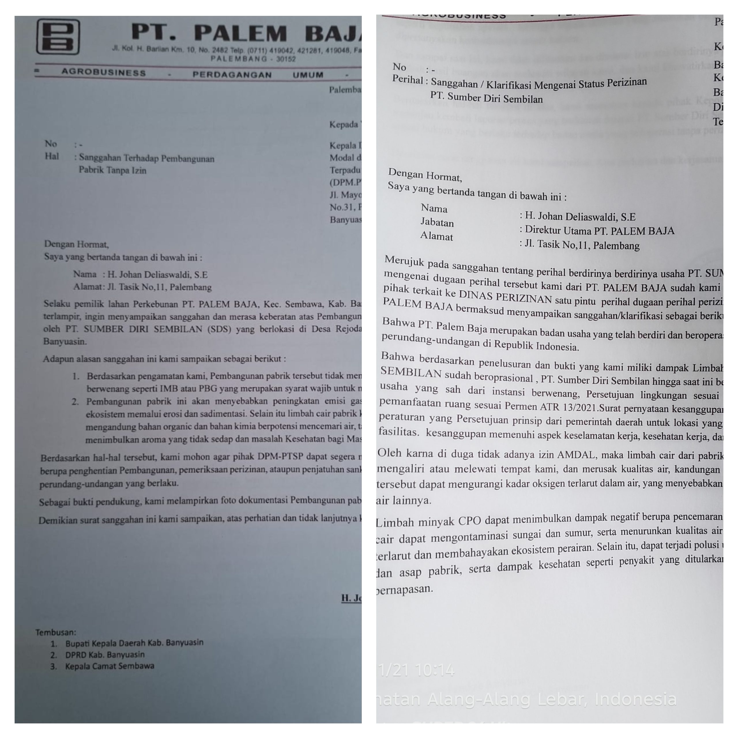 Khawatir Adanya Dugaan Pelanggaran Izin PKS, PT Palem Baja Layangkan Sanggahan