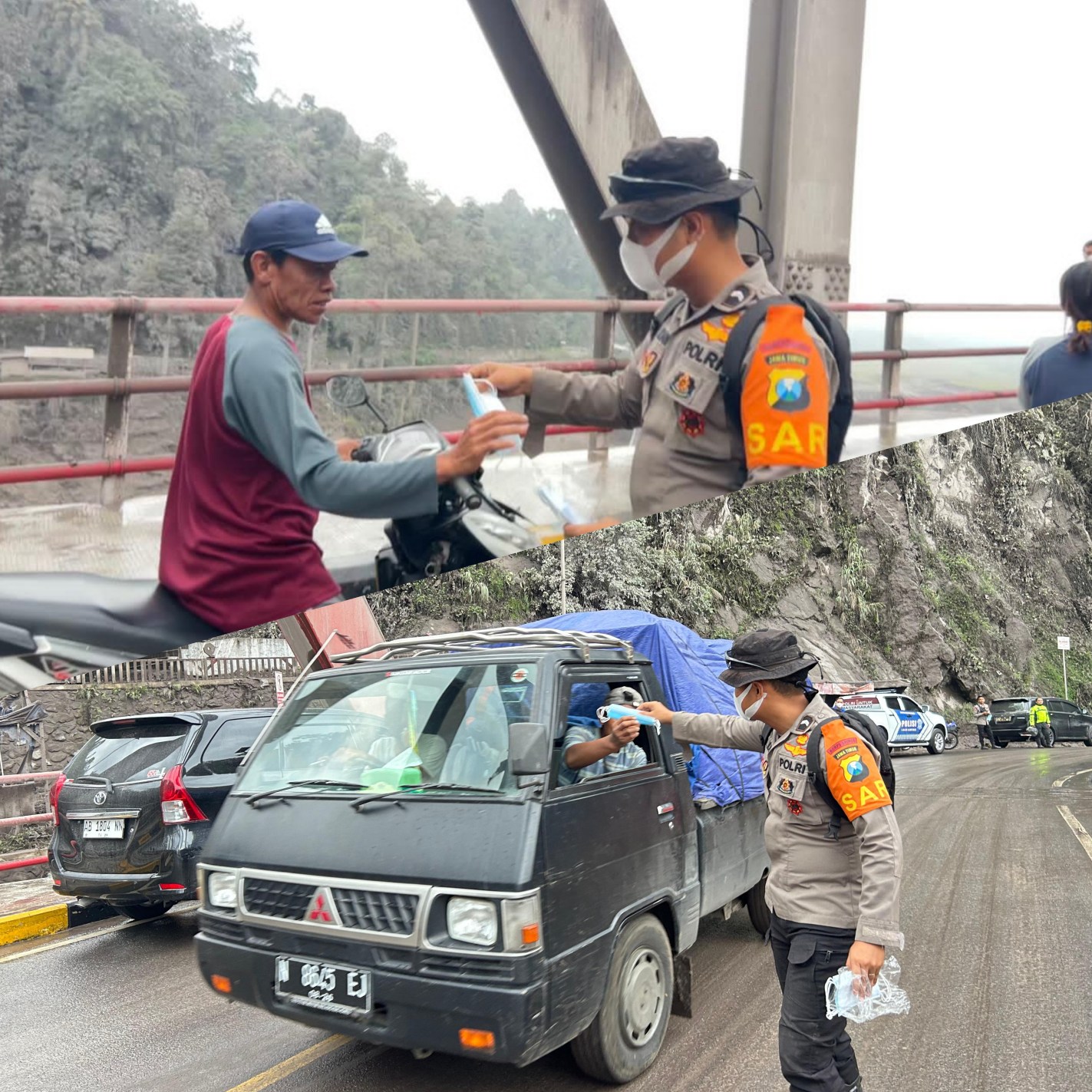 Tim SAR Polda Jatim Bagikan Masker ke Warga Terdampak Abu Vulkanik Semeru.