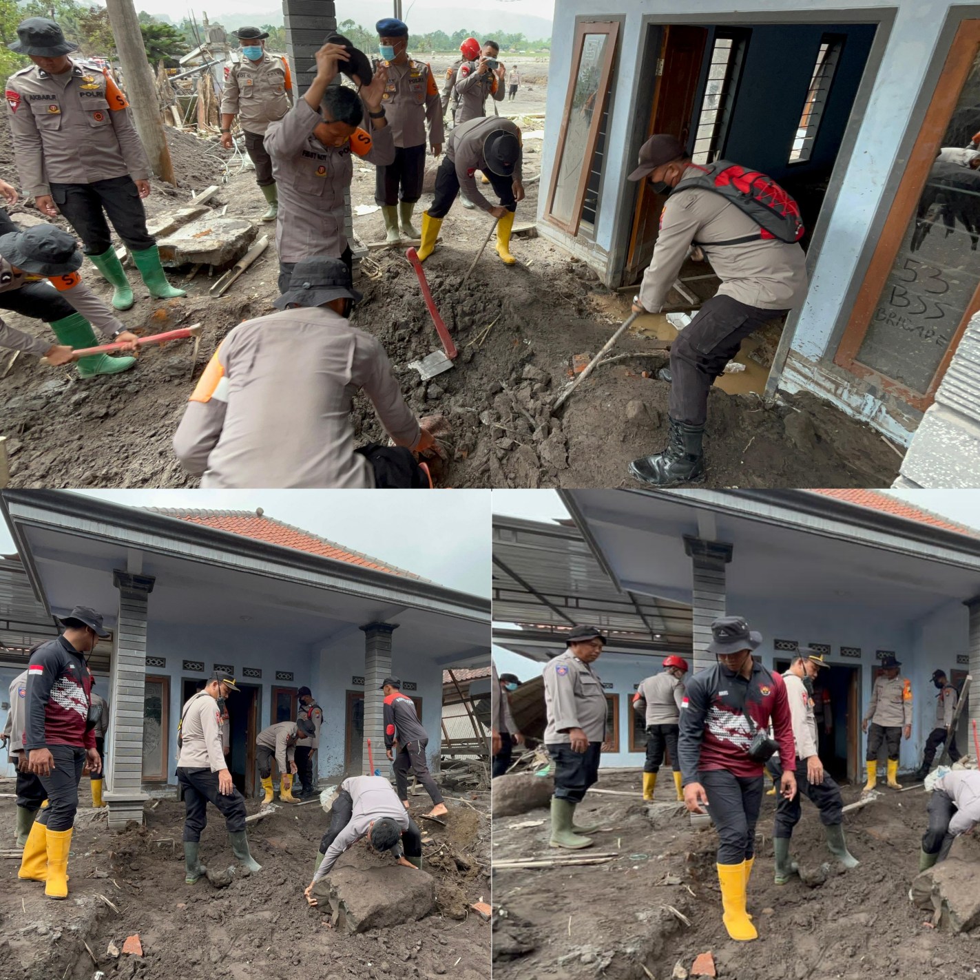 Polisi Bersihkan Rumah Warga Terdampak Erupsi Gunung Semeru di Lumajang.