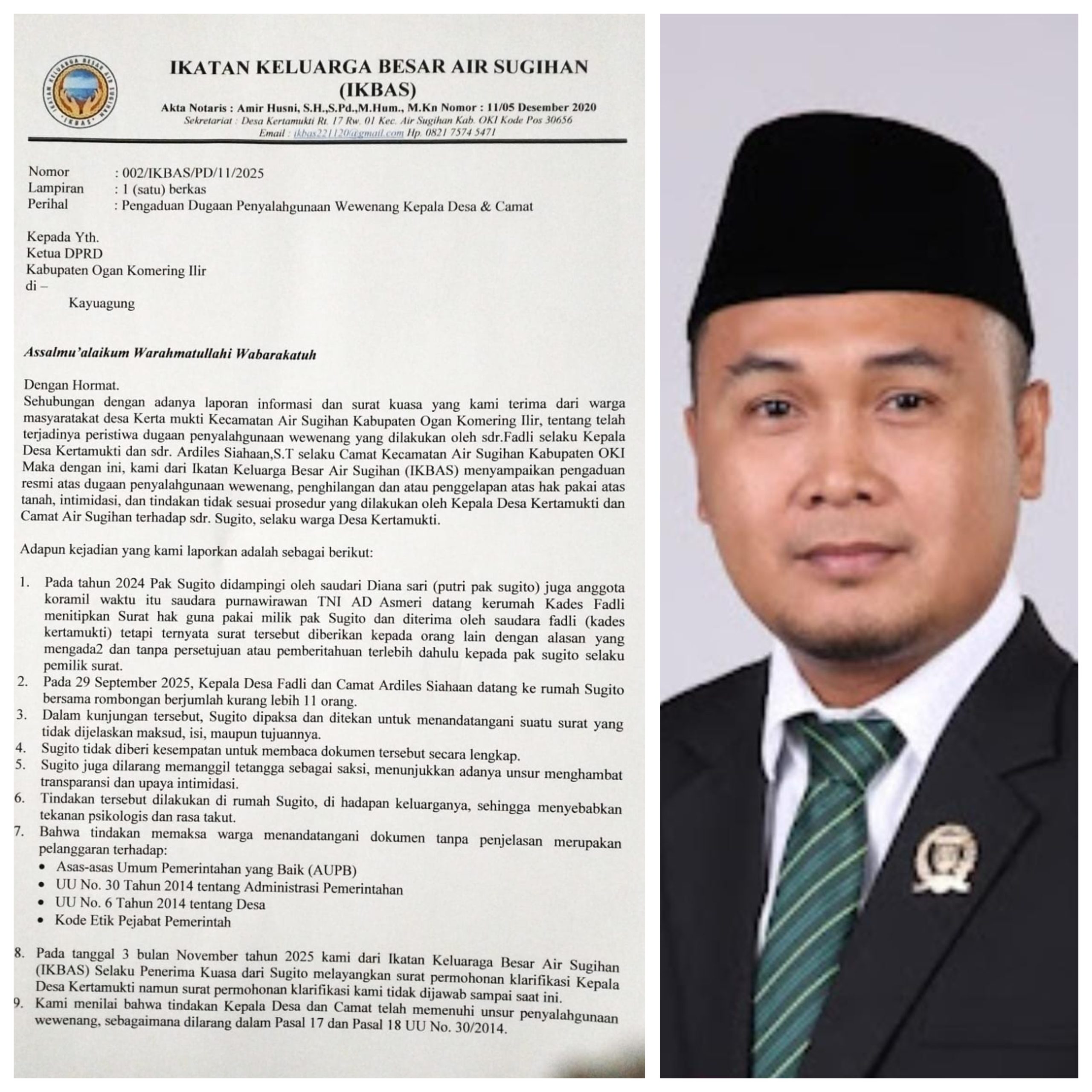 IKBAS Laporkan Dugaan Penyalahgunaan Wewenang Kades dan Camat Air Sugihan ke DPRD OKI