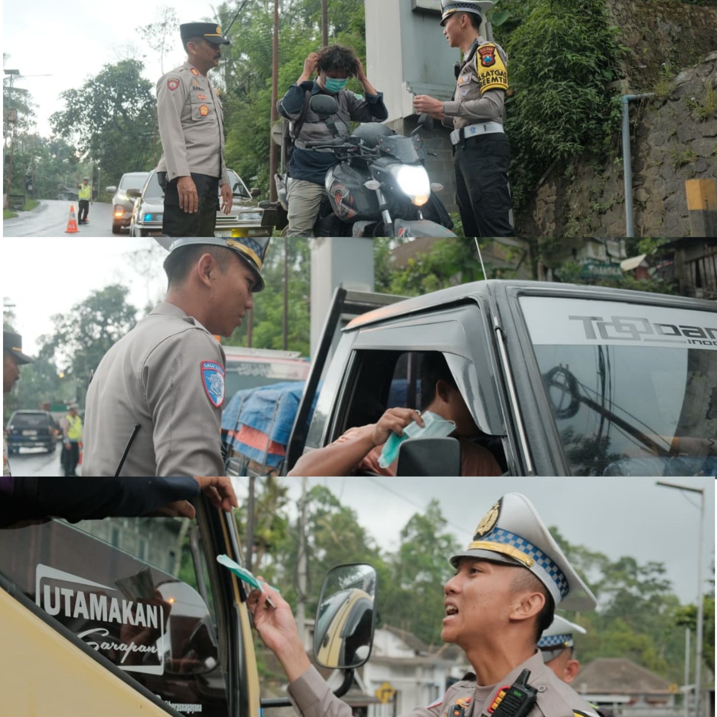 Polres Malang Bagikan Masker ke Pengendara di Perbatasan Lumajang Dampak Erupsi Semeru.