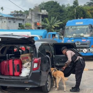 HADIRKAN RASA AMAN, SATGAS GAKKUM DAN UNIT K9 POLDA KEPRI PERIKSA BARANG BAWAAN PENUMPANG DI PELABUHAN RORO PUNGGUR