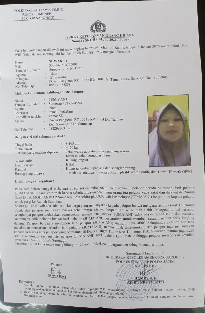 Perempuan 30 Tahun Asal Desa Tanjung Sumenep Dilaporkan Hilang