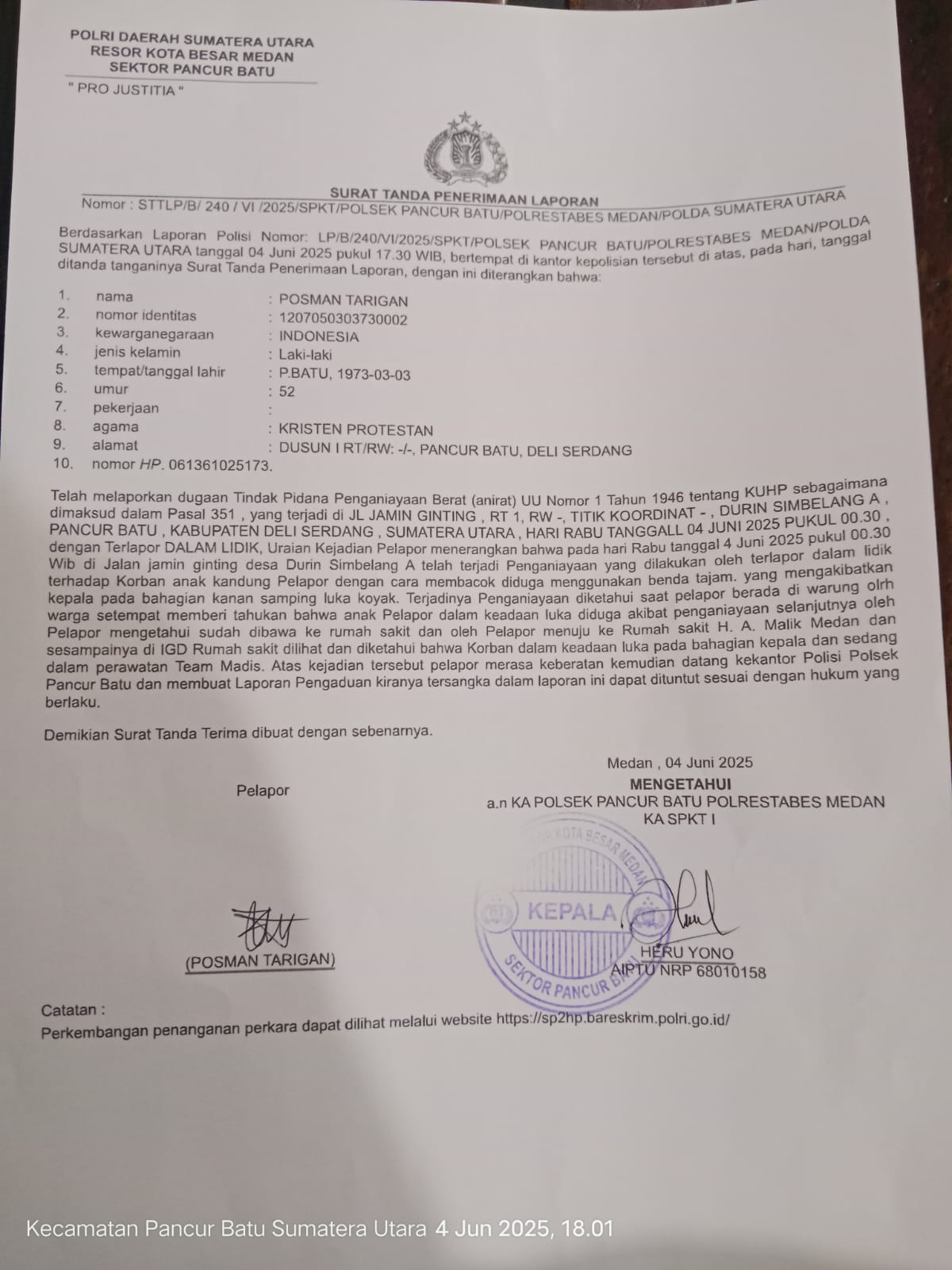 Penyidik Sebut Saksi Terlalu Jauh, Kasus Pembacokan Josniko Tarigan Mengendap 8 Bulan di Polsek Pancur Batu, Josniko Berharap Kapolsek Pancur Batu yang baru menuntaskan Laporan Polisinya