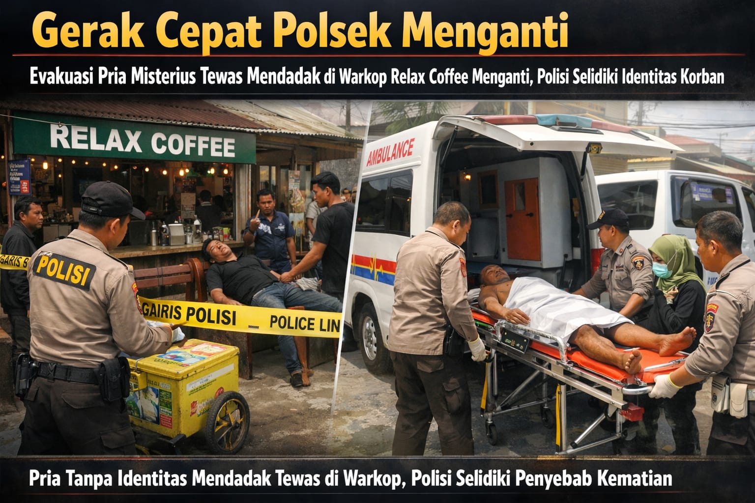 Gerak Cepat Polsek Menganti: Evakuasi Pria Misterius Tewas Mendadak di Warkop Relax Coffee Menganti, Polisi Selidiki Identitas Korban
