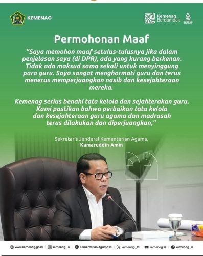 Sekjen Kementerian Agama RI Kamaruddin sudah meminta maaf, namun tidak mengurangi semangat perbaikan etika komunikasi publik, termasuk keseriusan memperjuangkan anggaran guru honorer di bawah naungan Kemenag.