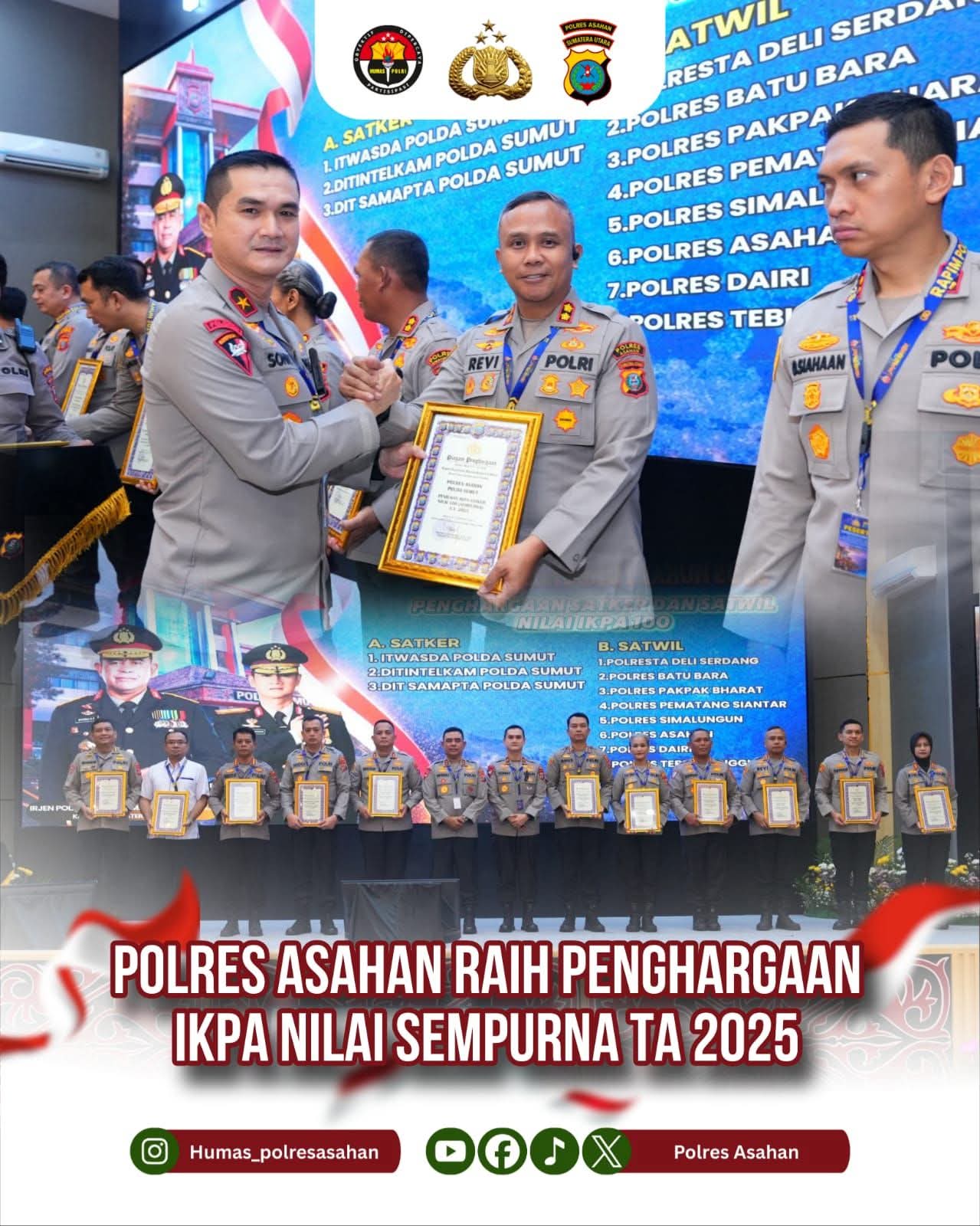 Polres Asahan Meraih Penghargaan IKPA Nilai Sempurna Dalem Rapim Polda Sumatera Utara