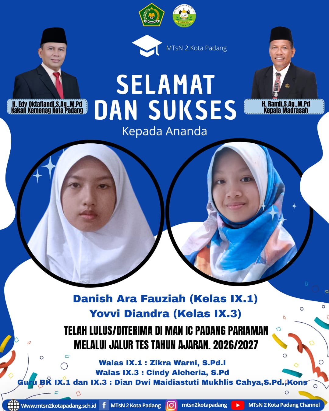 Membawa Nama Almamater Terbang Tinggi, Dua Putri MTsN 2 Padang Juarai Gerbang MAN IC