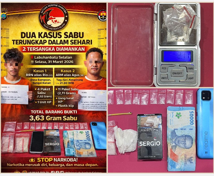 Kembali Terungkap Dua Kasus dalam Sehari, Satres Narkoba Polres Labusel Amankan 2 Pelaku dan Sita 3,63 Gram Narkotika