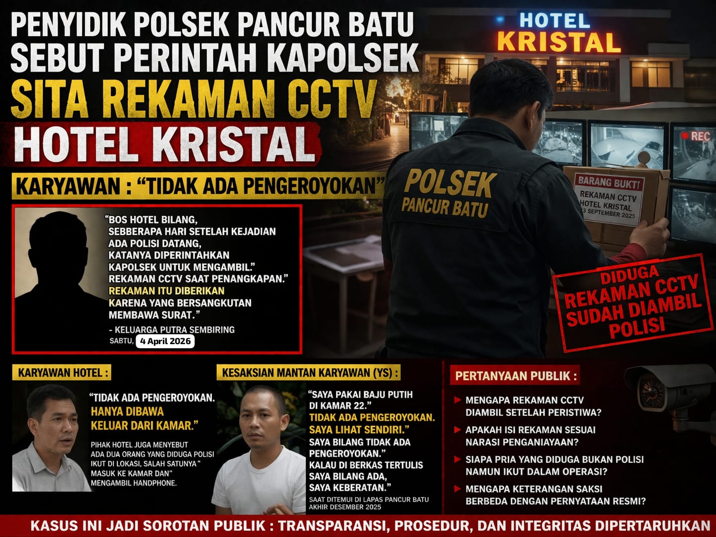 Perintah Kapolsek Sita CCTV Hotel Kristal – Karyawan : ” Tidak Ada Pengeroyokan “, Kemana Rekaman CCTV Hotel Kristal Yang Disita Polsek Pancur Batu?