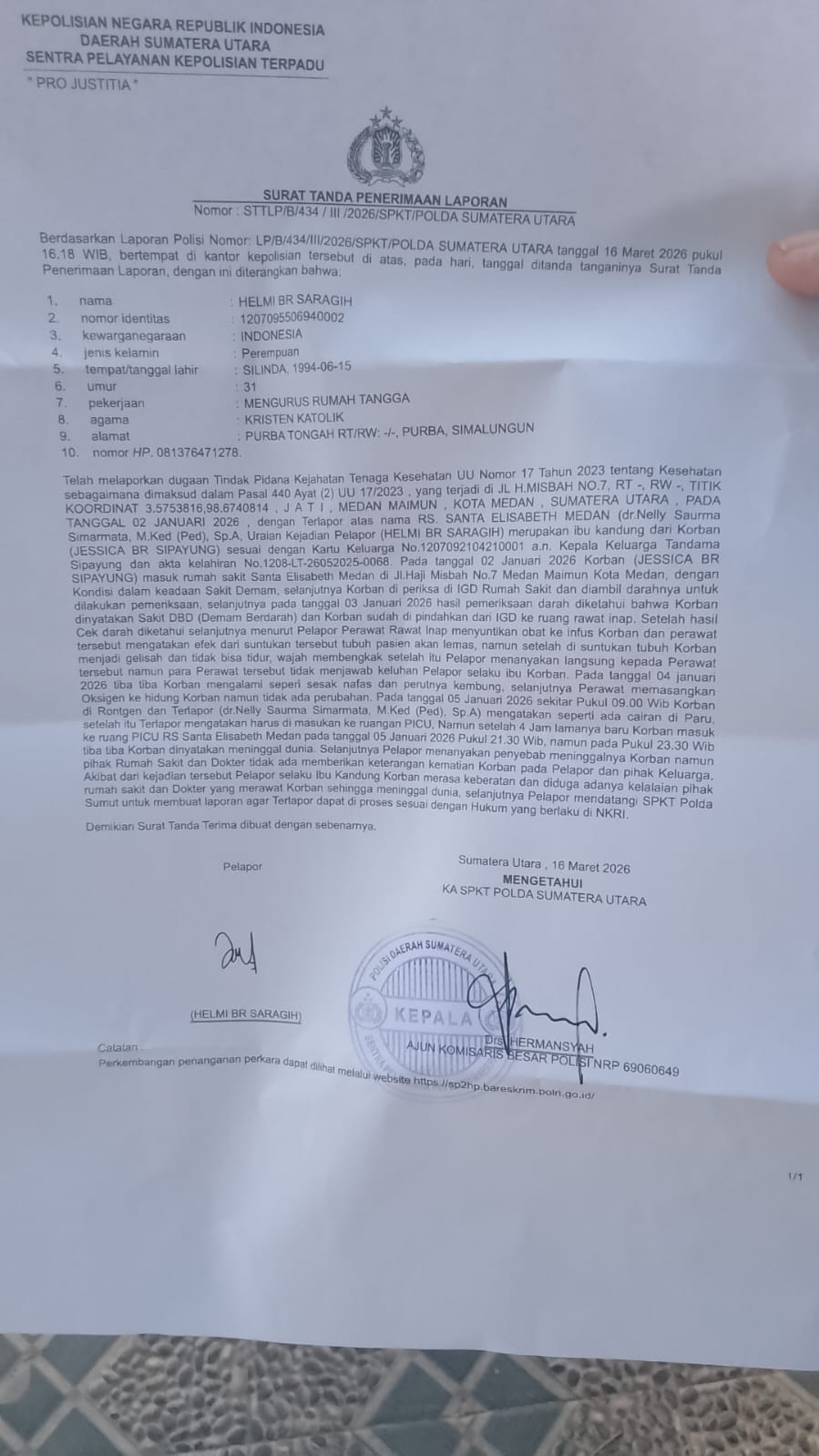 Keluarga Balita Jesica Sipayung Penuhi Undangan Klarifikasi Polda Sumut Terkait Dugaan Kelalaian Medis di RS Santa Elisabeth