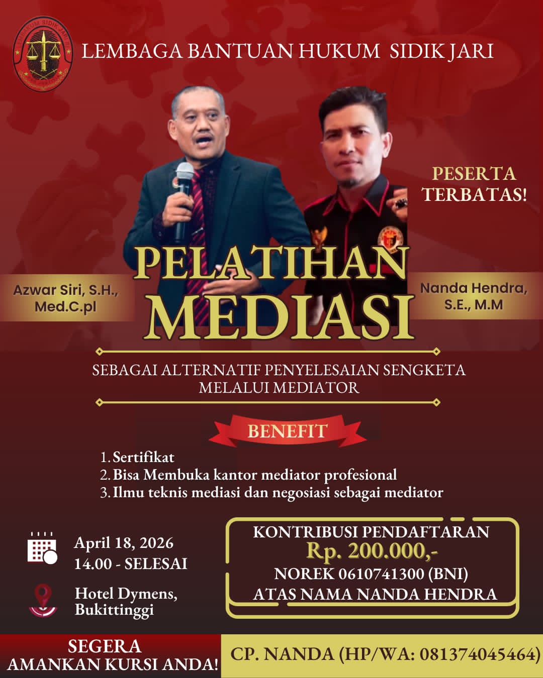 LBH SIDIK JARI ADAKAN PELATIHAN MEDIASI DI BUKITTINGGI, AYO IKUTI KESEMPATAN TERBATAS