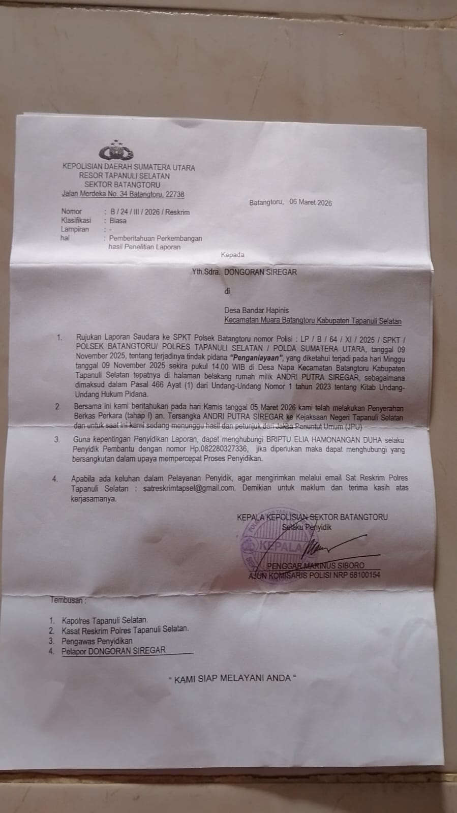 Pelaku Penganiayaan Dongoran Siregar ” Masih Bebas Berkeliaran ” Kepolisian Diminta Memberi Keadilan Kepada Korban