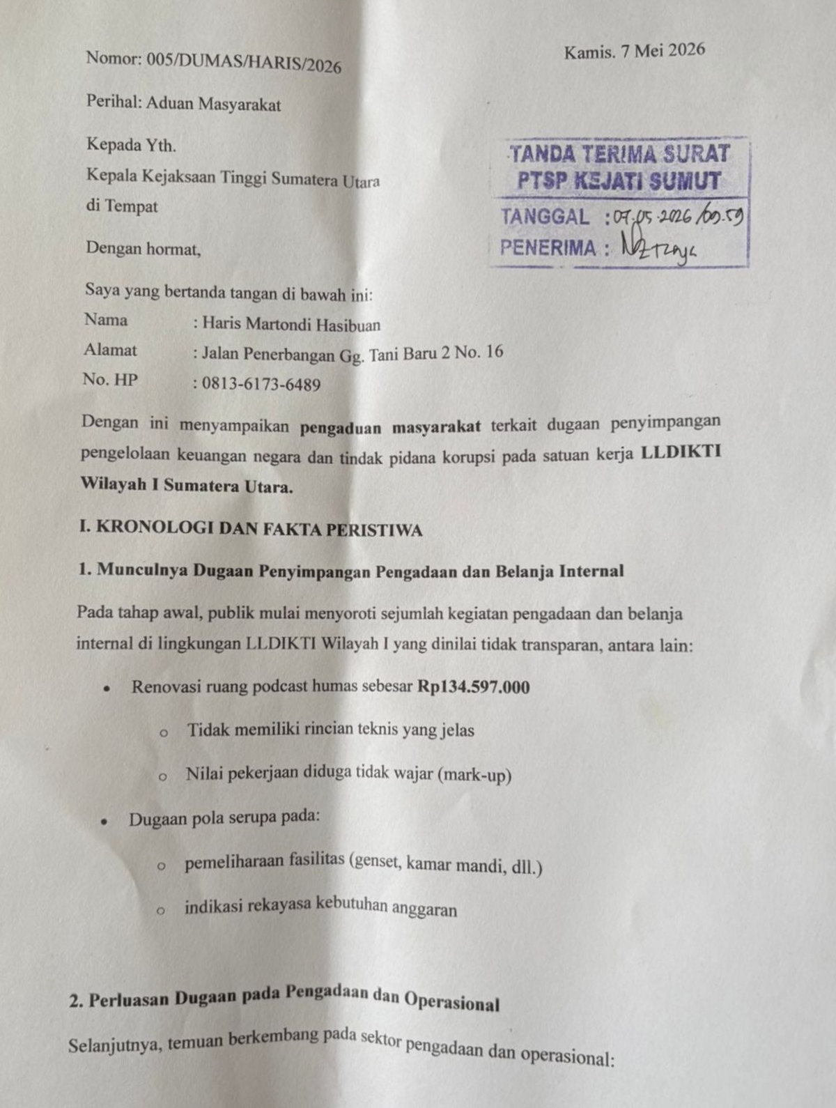Aktivis GUNTUR laporkan dugaan penyimpangan anggaran di Satker LL Dikti Sumut ke Kejati
