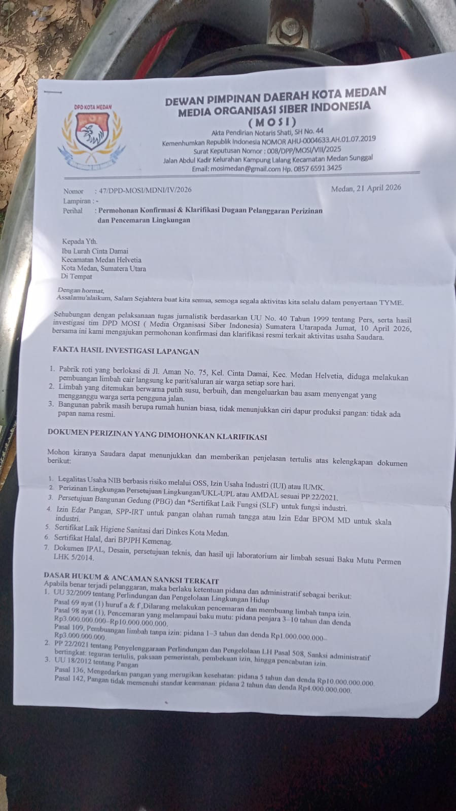 Surat resmi lurah disepelekan, MOSI desak DLH Medan sidak Pabrik Roti diduga ilegal