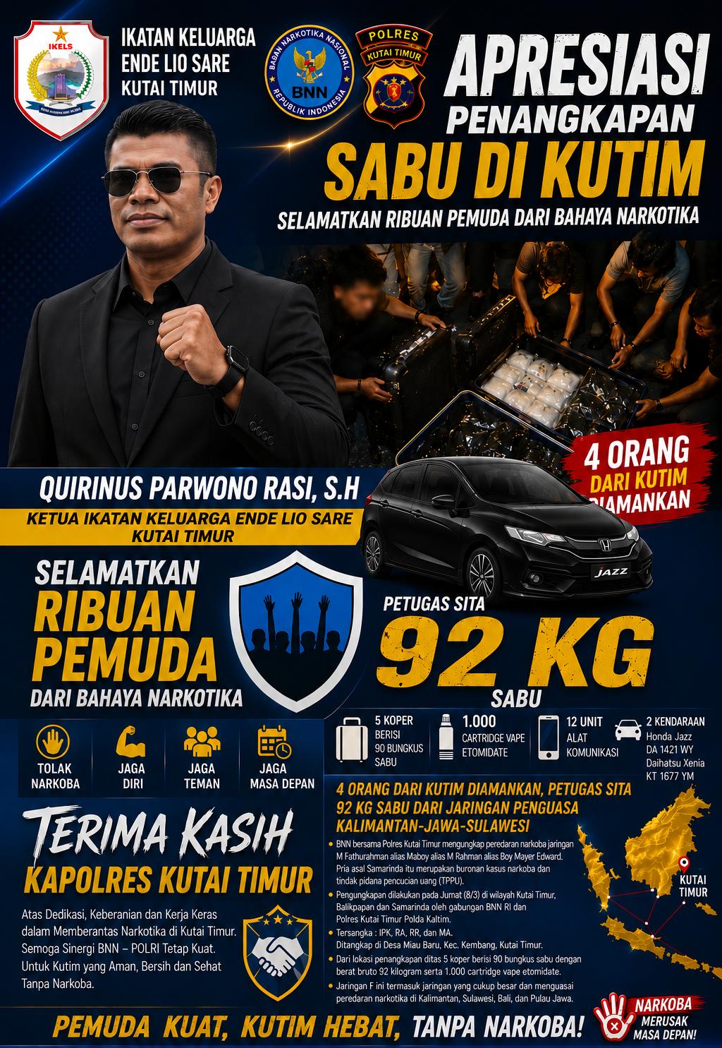 PENGUNGKAPAN 92 KG SABU DI KUTIM TUAI APRESIASI IKATAN KELUARGA ENDE LIO SARE