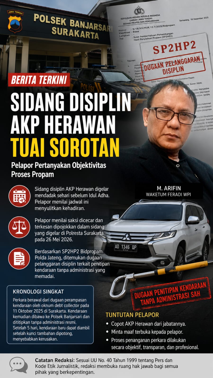 SP2HP2 Sebut AKP Herawan Diduga Langgar Disiplin, M. Arifin: Sidang Jangan Sudutkan Korban