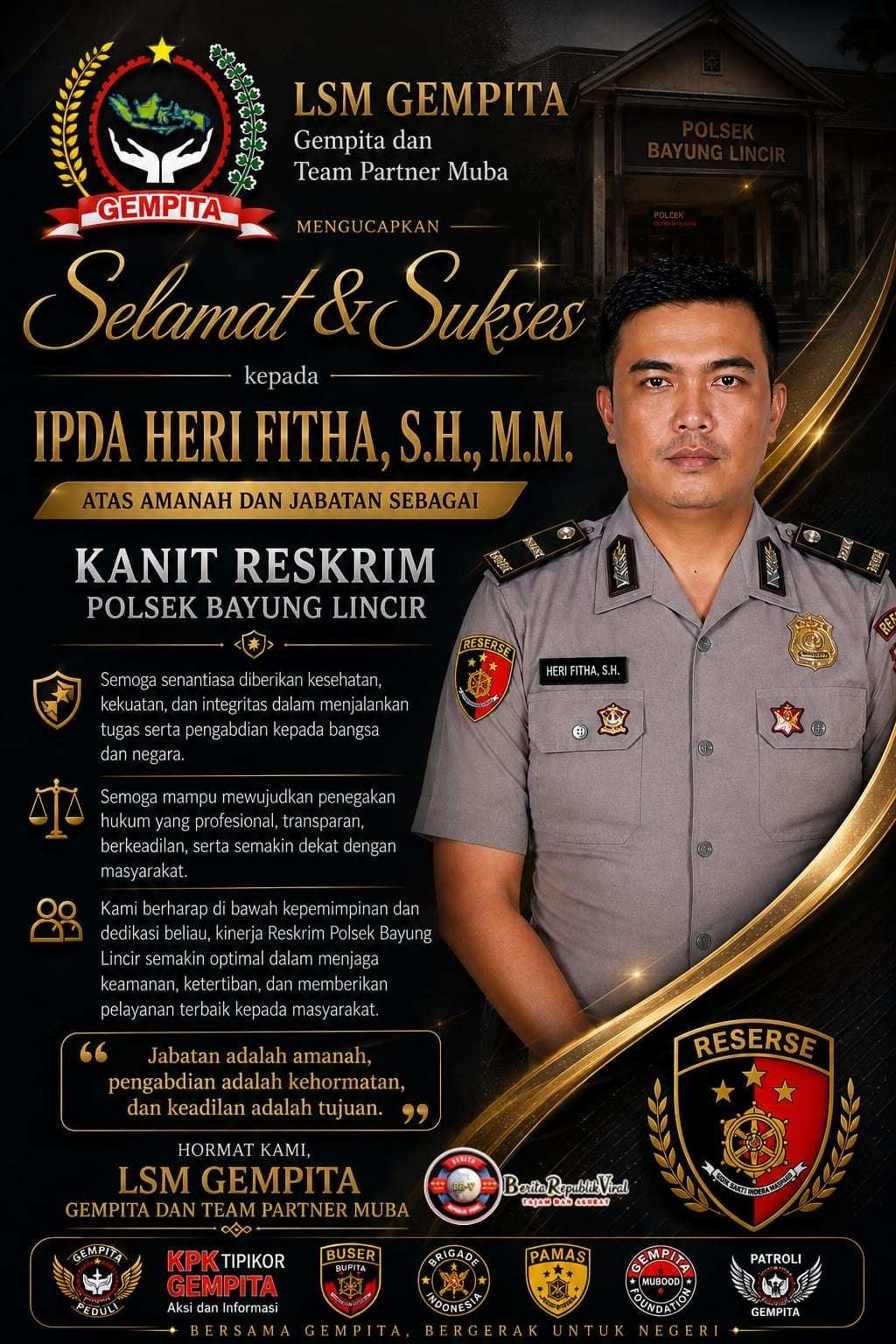 LSM GEMPITA dan Team Partner Muba Sampaikan Ucapan Selamat kepada IPDA Heri Fitha atas Jabatan Baru sebagai Kanit Reskrim Polsek Bayung Lincir