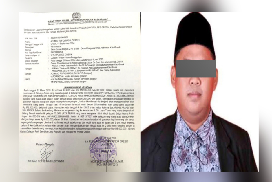 GRESIK GEMPAR Diduga Gelapkan Mobil Rental Rp698 Juta, Kepala Desa Tebaloan Gresik Afuan Afandi Dilaporkan ke Polisi