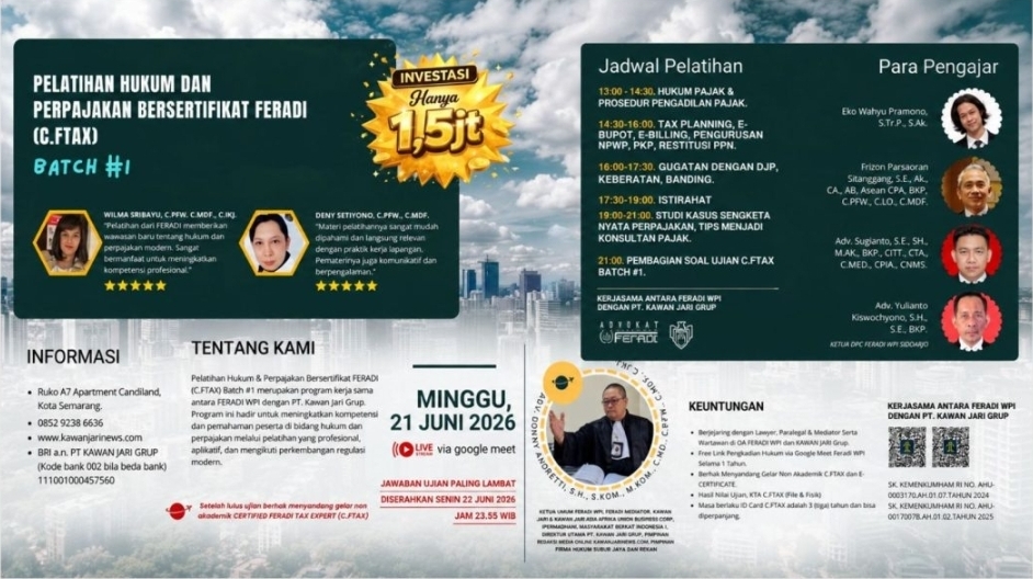Pelatihan Hukum Pajak FERADI TAX CONSULTANT (C.FTAX.) Digelar Online 21 Juni 2026