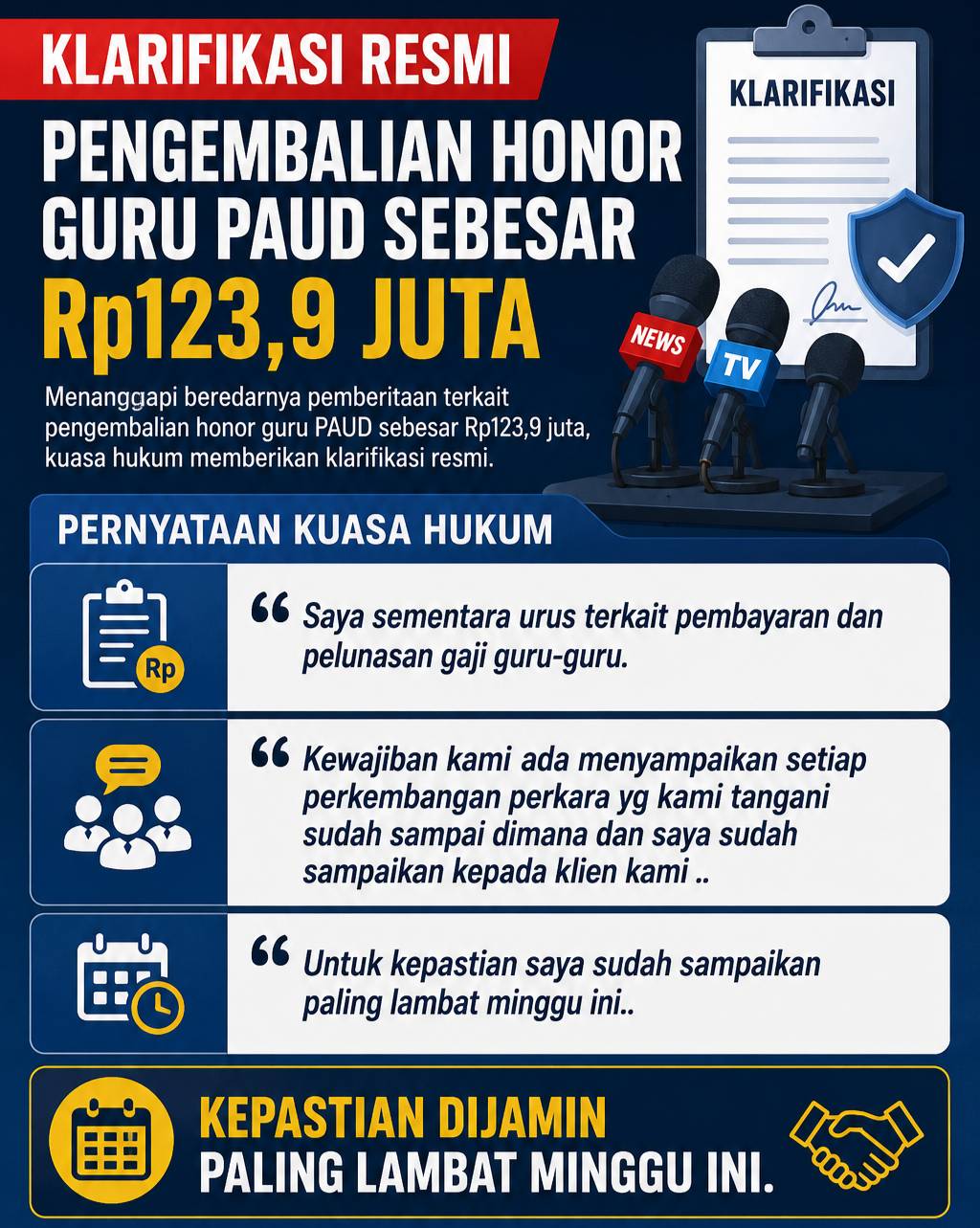 Klarifikasi Kuasa Hukum Soal Pengembalian Honor Guru PAUD Rp123,9 Juta: Kepastian Dijanjikan Paling Lambat Pekan Ini