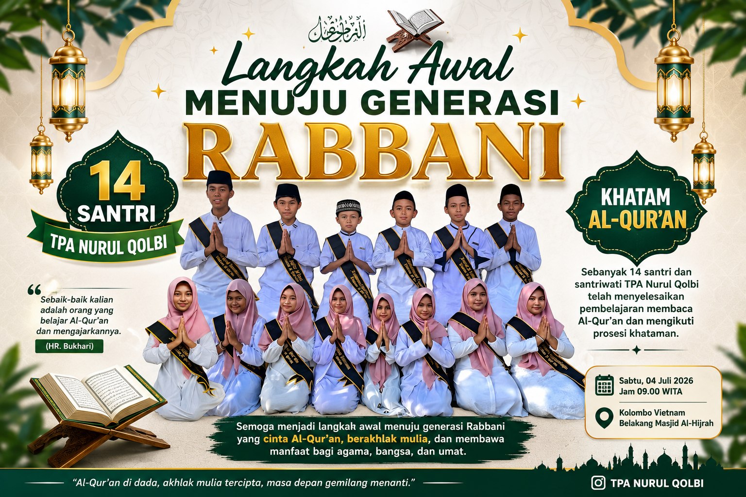 Khatam Al-Qur’an TPA Nurul Qolbi, 14 Santri dan Santriwati Raih Tonggak Penting Pendidikan Keagamaan
